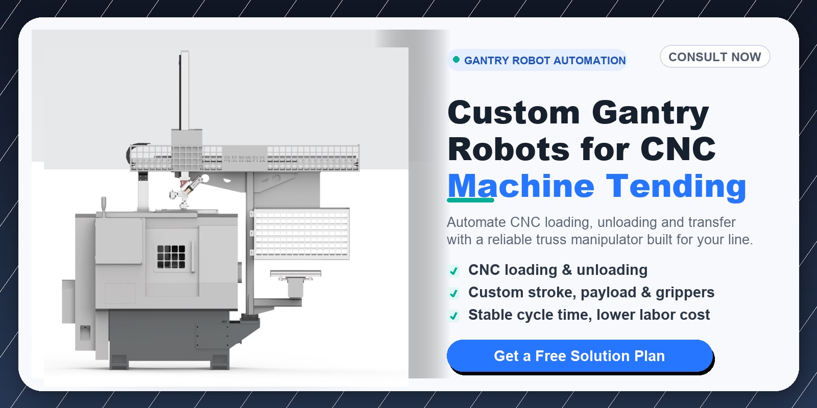 Custom gantry robots for CNC machine tending